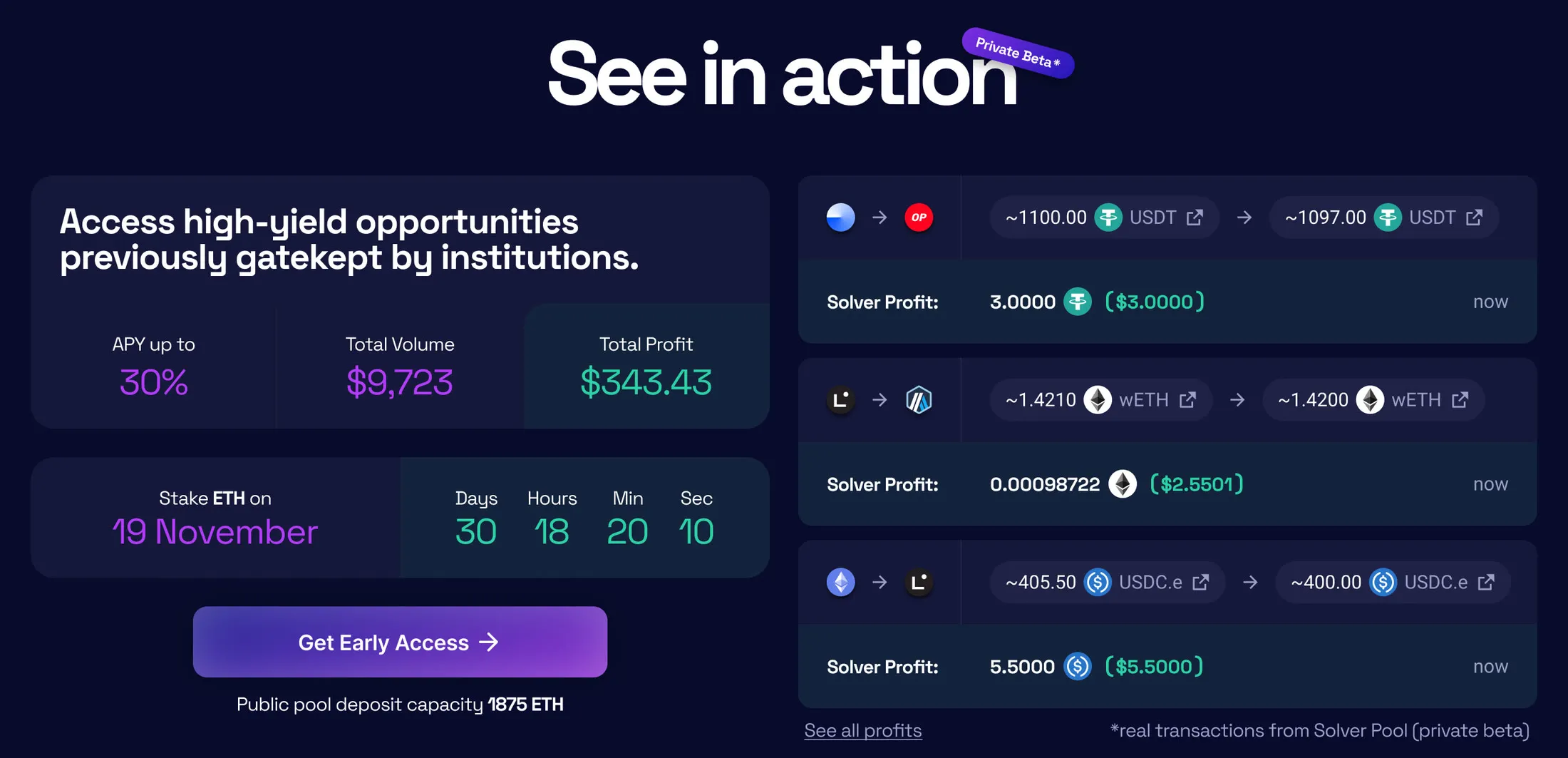 See in action on the landing page: the yield, the countdown to staking and real transactions of the solver pool