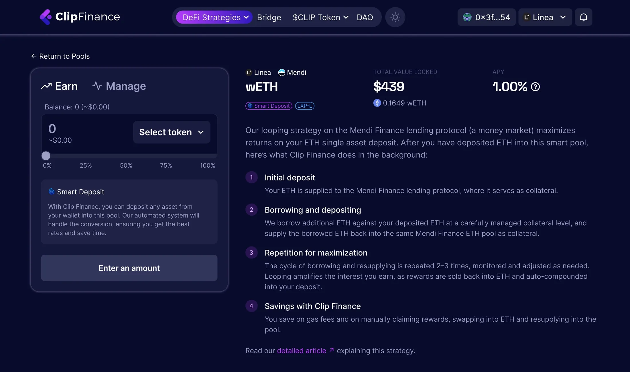 The pool page: the widget next to the looping strategy of the Mendi wETH pool on Linea