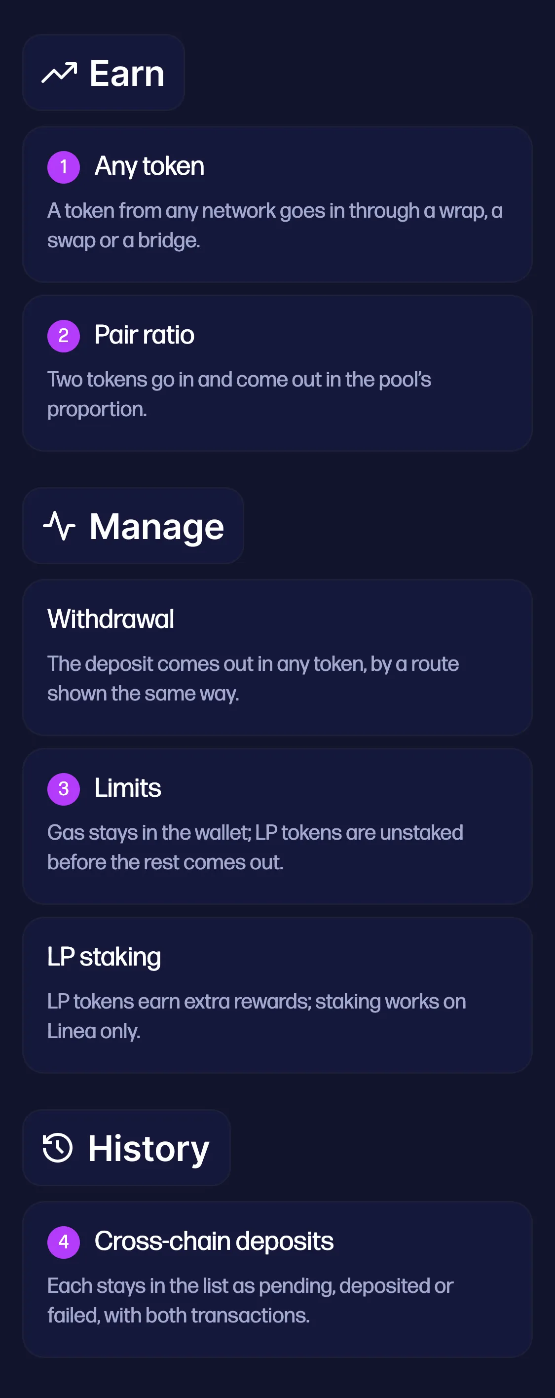 The scenarios of the pool widget by its tabs: Earn, Manage and History