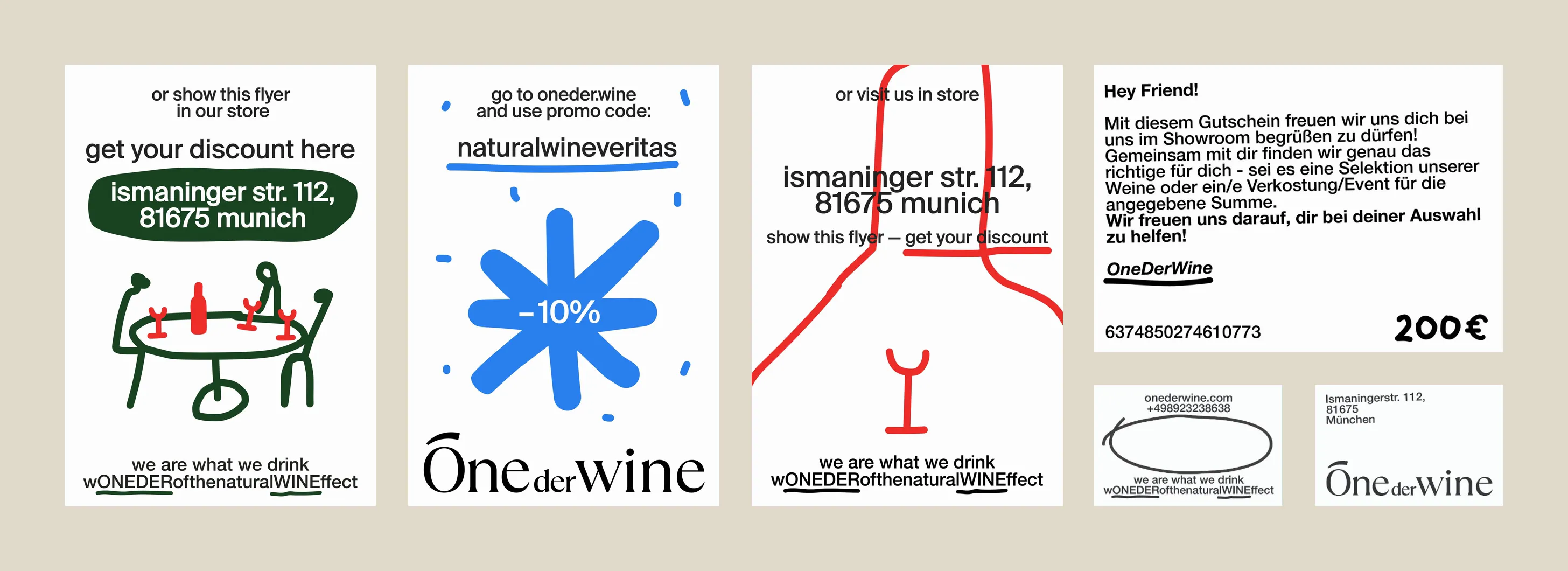 Three discount flyers, a voucher and business cards