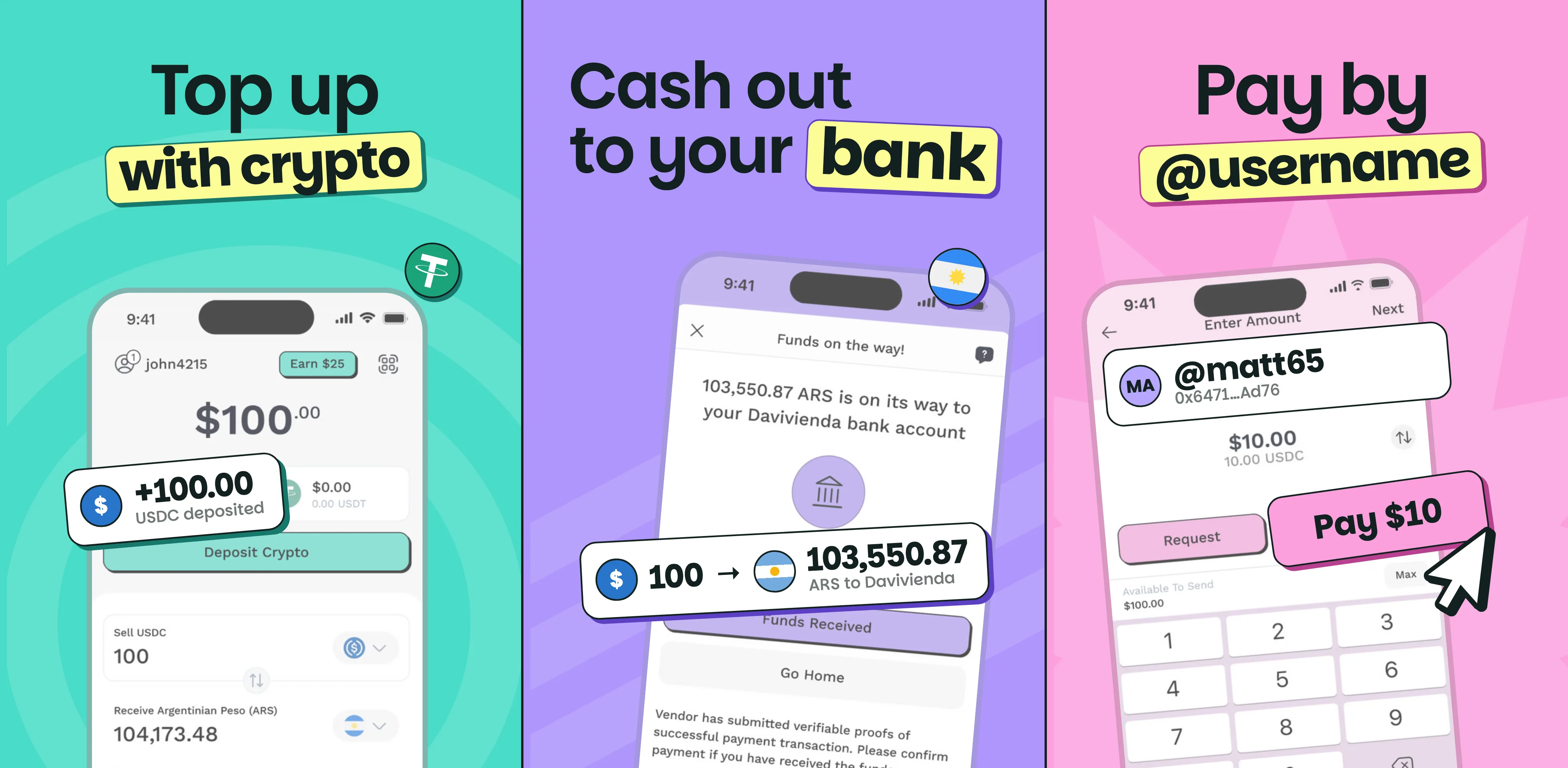 The main screens on the section colours: deposit, sale, transfer