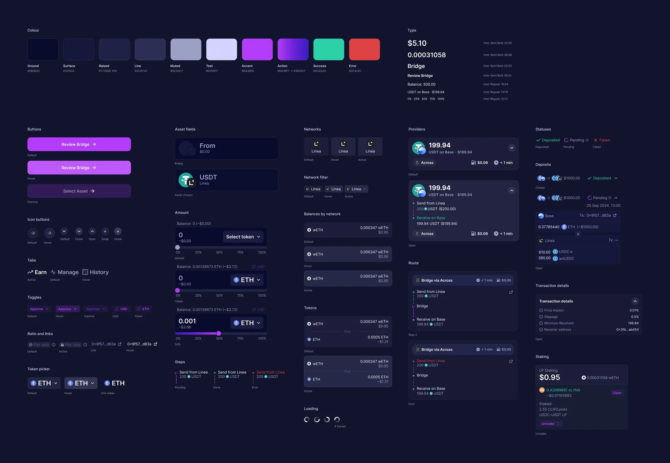 The kit of the widgets: the colours and type they use, then buttons, fields, network and token lists, providers, route steps, statuses, deposits and staking, each with its states